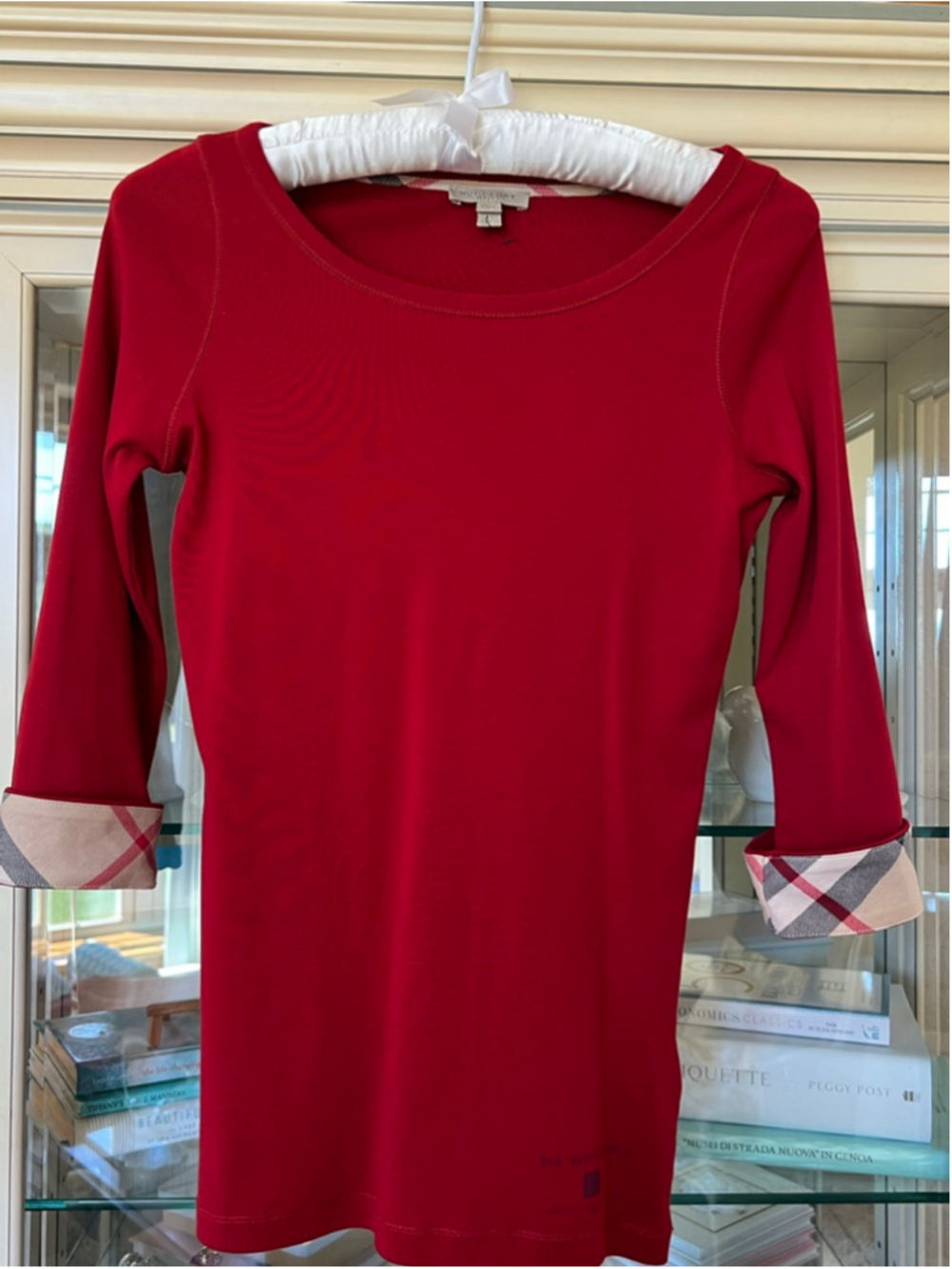 New Burberry Brit Red Long Sleeve Tee with Plaid Cuffs M - Picture 4 of 9
